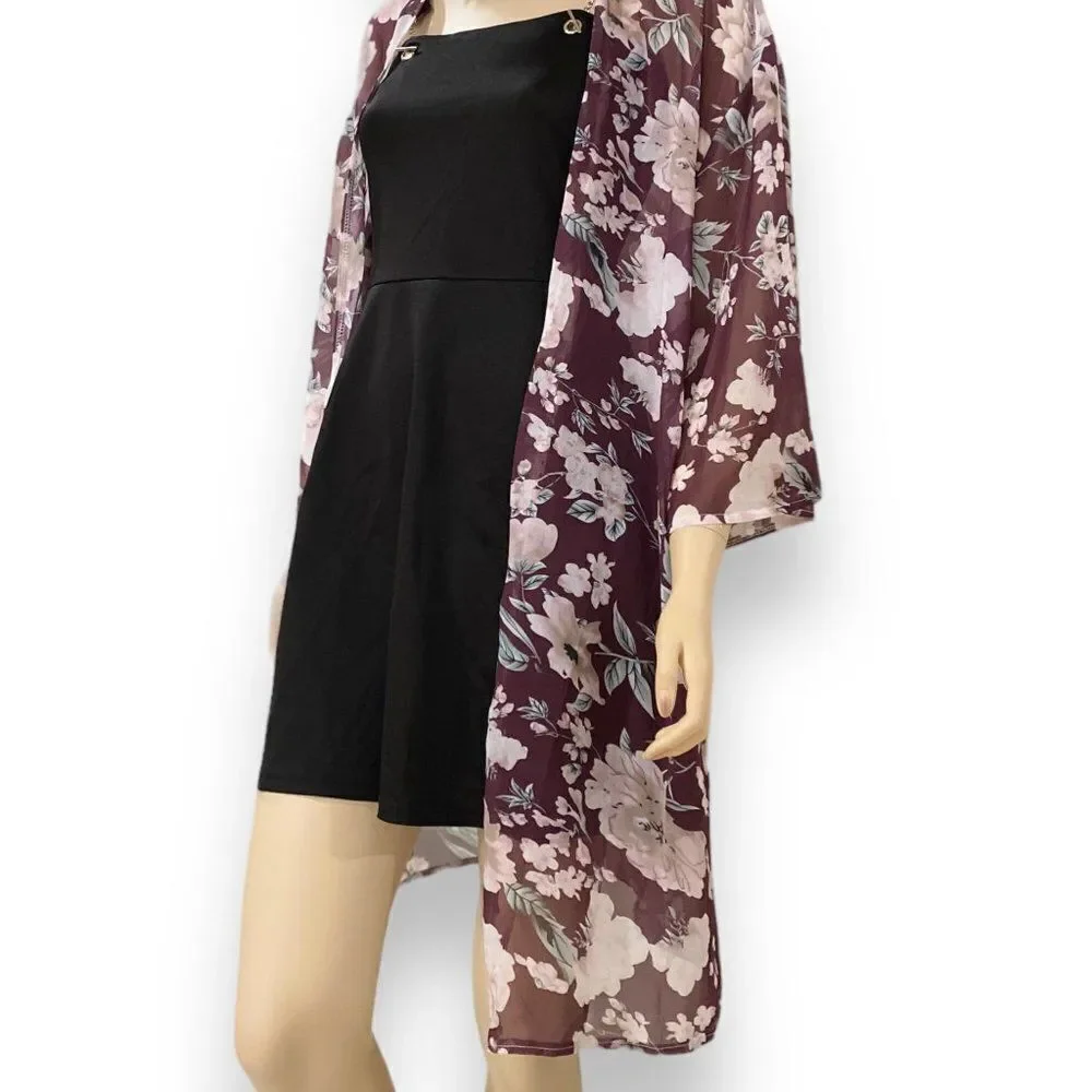 Floral Burgundy Thigh Length Summer Kimono Robe NEW